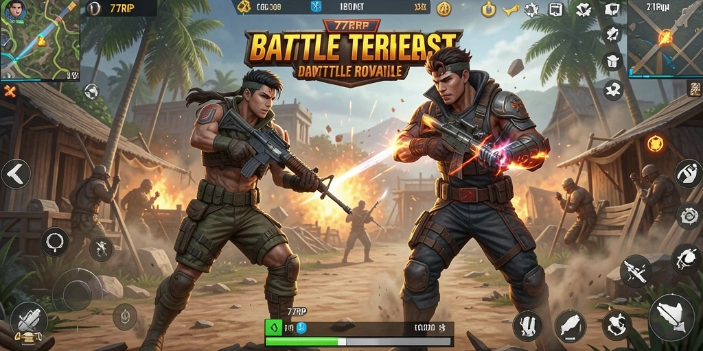 Screenshot utama gameplay pertarungan seru di 77RP Battle Royale.
