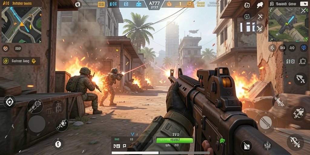 Screenshot utama menampilkan aksi intens dalam game FPS A7777.