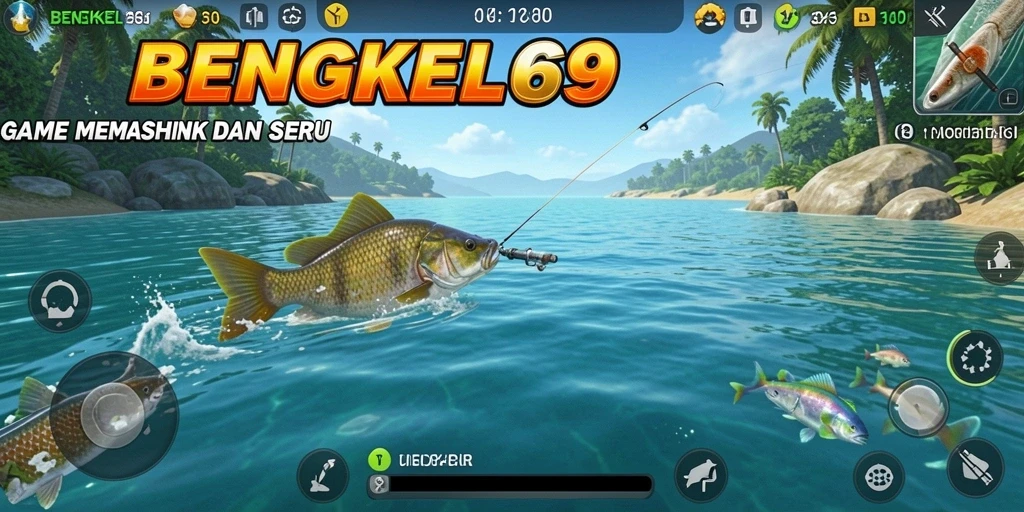 Tampilan menarik dari gameplay BENGKEL69 saat memancing ikan.