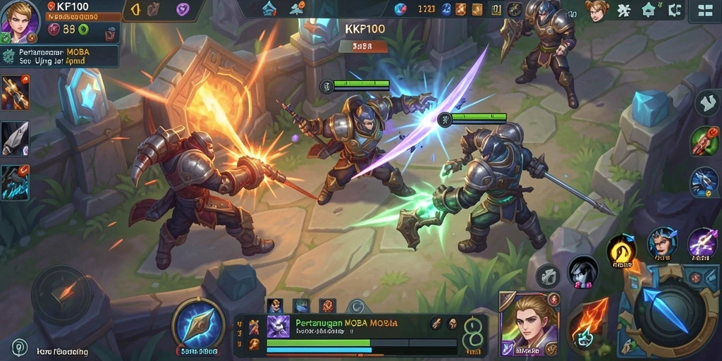 Screenshot utama KPK100 menampilkan aksi gameplay MOBA yang intens.