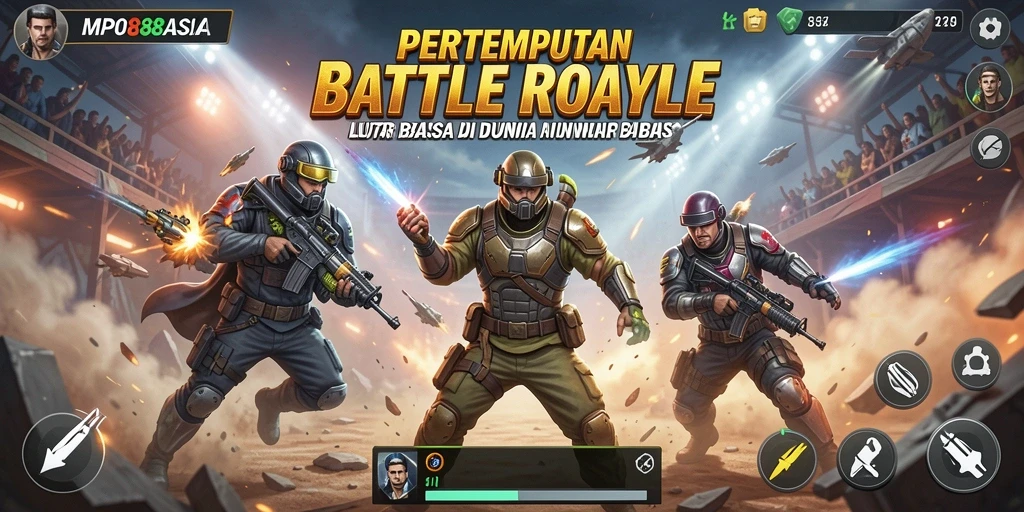 Menggambarkan pertempuran intens dalam game Battle Royale.