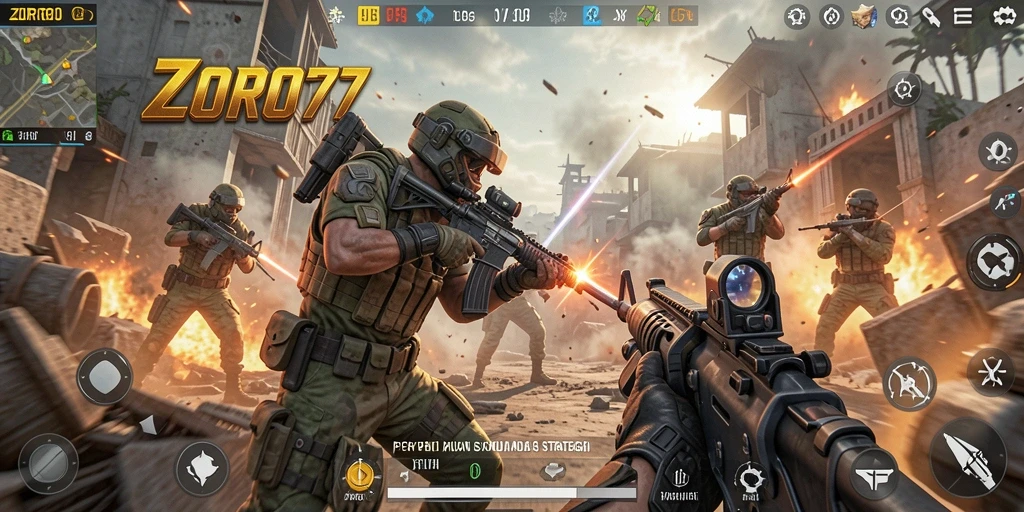 Screenshot ZORO77 menunjukkan aksi pertempuran FPS yang mendebarkan.